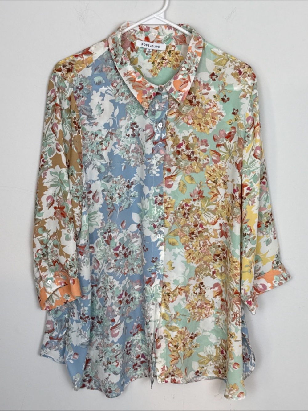 Rose & Olive Top Womens Colorful Chiffon Floral Boho Button Up 3/4 Sleeve 1X